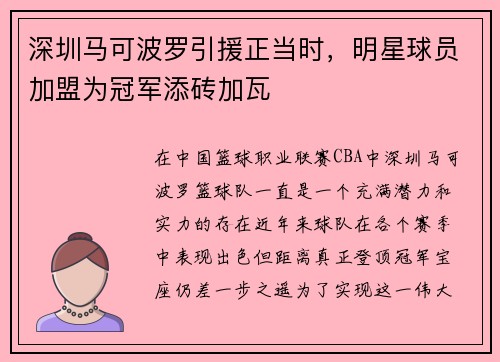 深圳马可波罗引援正当时，明星球员加盟为冠军添砖加瓦