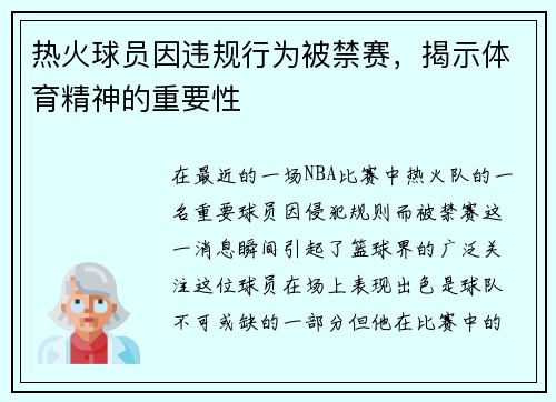 热火球员因违规行为被禁赛，揭示体育精神的重要性