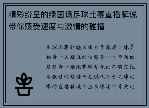 精彩纷呈的绿茵场足球比赛直播解说带你感受速度与激情的碰撞